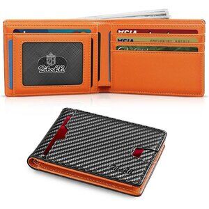 Men's Black Orange Premium Vegan Leather Wallet Slim Blocking Credit Card Design